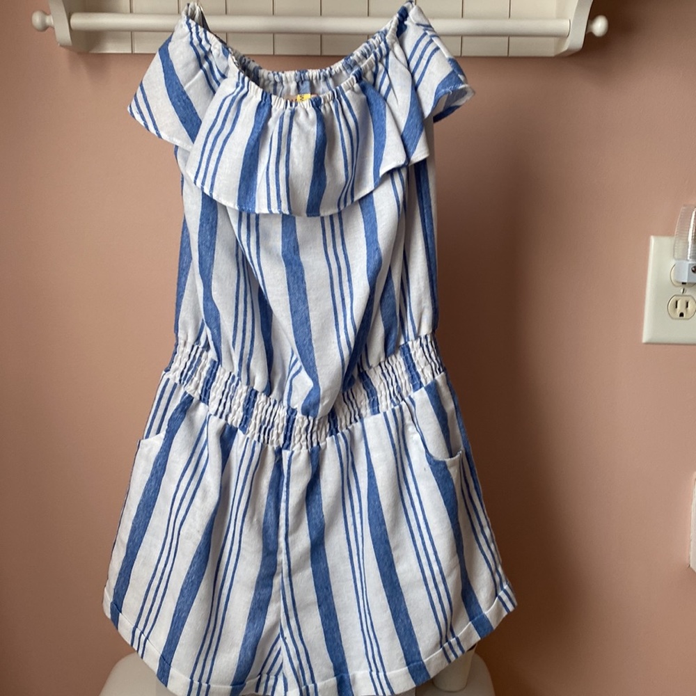 Blue and white striped sleeveless romper sz small